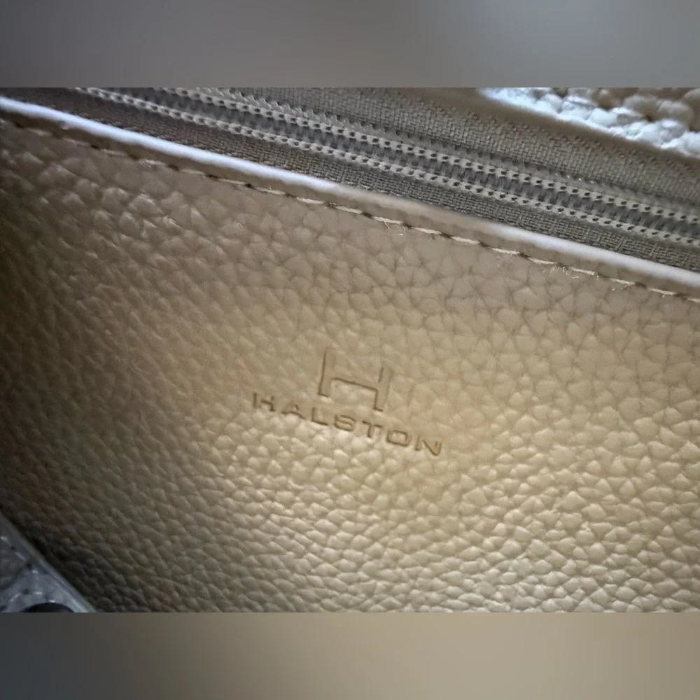 Halston Pebbled Leather Tote Bag Large Taupe Beige Shoulder Bag Minimalist Purse